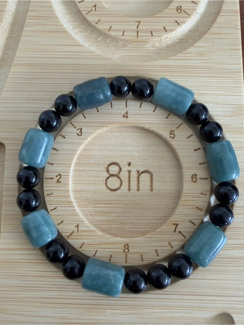 Blue Water Jade Barrel and Black Obsidian Bead Stretchable Bracelet